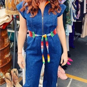 Vintage Denim Jumpsuit with Rainbow Belt